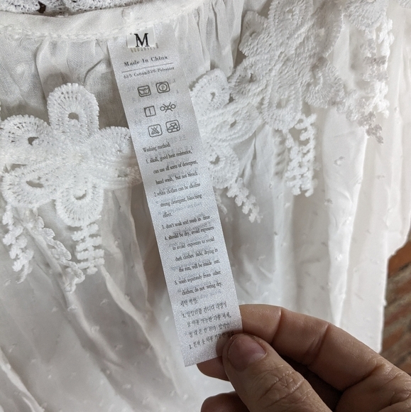 Medium White Eyelet Off the Shoulder Loose Flowy Top w/ Lace Details - Picture 3 of 6